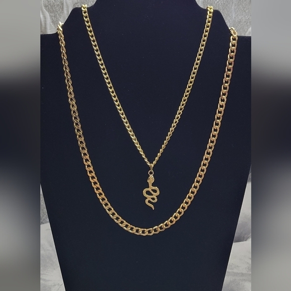 Jewelry - 2 Gold-Plated Chain Link Necklaces w/Snake Pendant (#81)